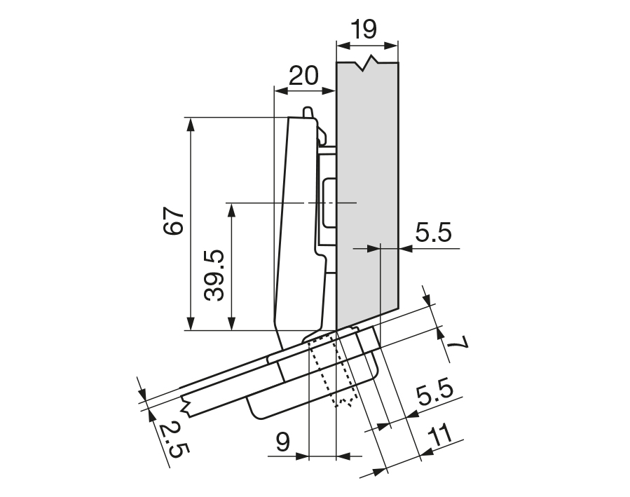 Cerniera per mobili ad angolo +20° per ante di cristallo CLIP top