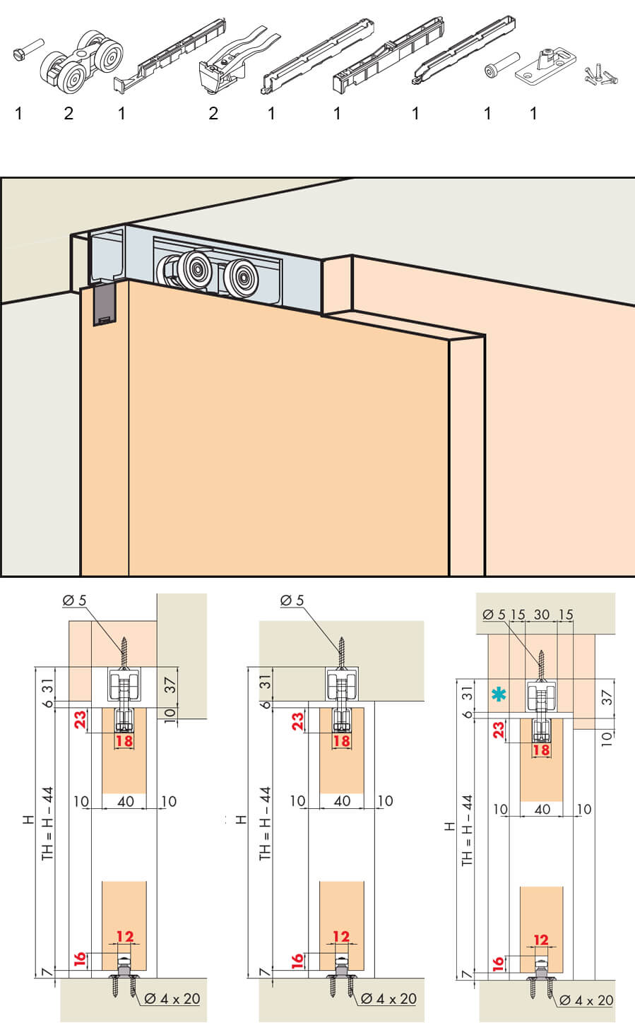 Hawa Porta 60 / 100 HMT Pocket guarnitura per 1 anta in legno, altezza di montaggio minima nella cavità