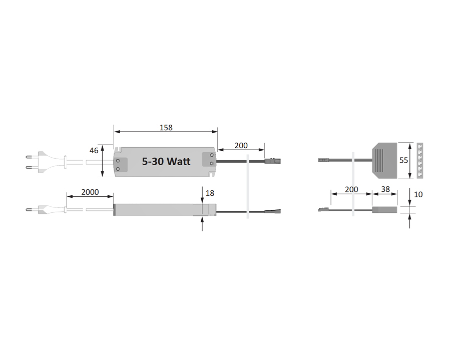 Alimentatore per LED 5 - 30 W dimmerabile con spina piatta erropea (distributore 1 via + 6 vie)
