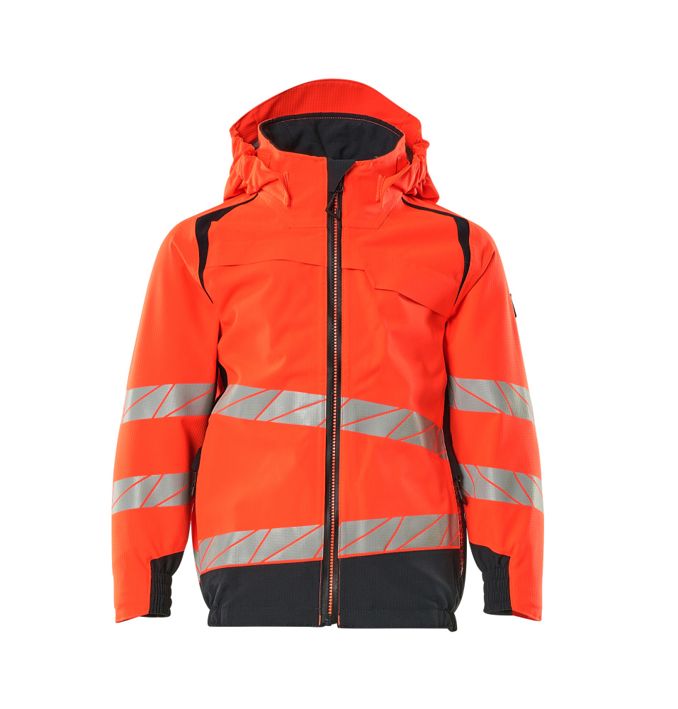 Giacca antivento da bambino ACCELERATE SAFE hi-vis rosso/blu navy scuro