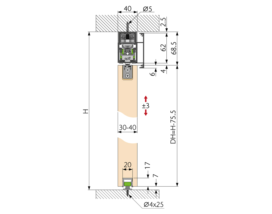 Ferramenta per 1 anta scorrvole in legno opk E-SPACE W Minimal 