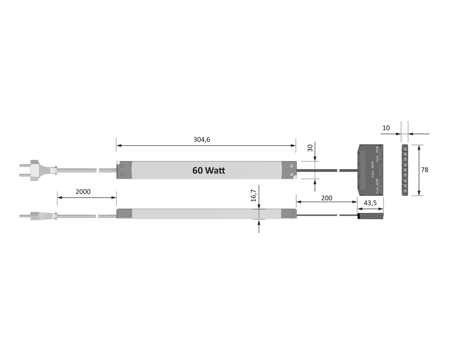 Alimentatore per LED 60 W con spina piatta europea (distributore a 9 vie)