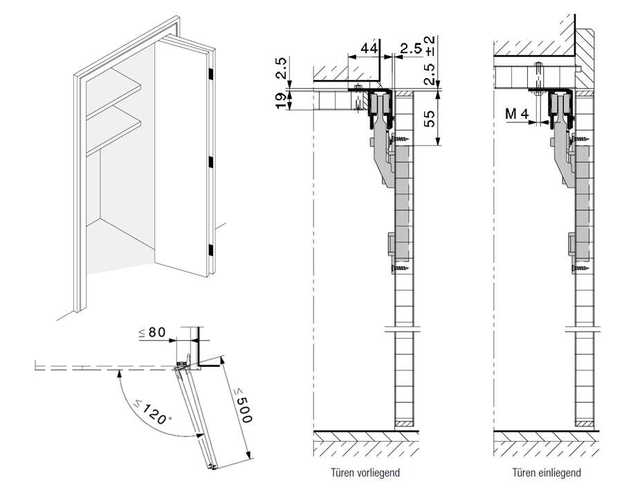 Guarnitura per cabina armadio, ante incernierate da una sola parte, senza guida inferiore, Hawa Multifold 30/W